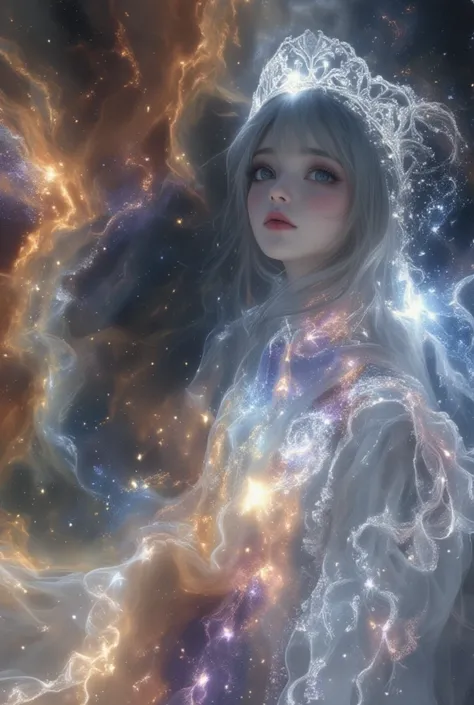  A 19-year-old European and Russian woman with European traits,  with jet gray hair that falls in long waves with bangs , azero gray eyes ,  Pale and luminous skin . She wears a white Arabic-style dress with diamonds embedded in colors simulating a galaxy ...