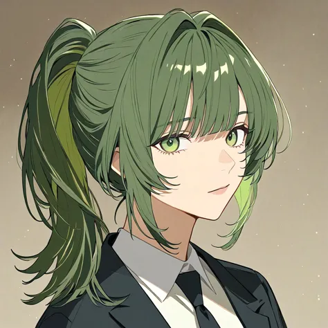 Create a green-haired, green-eyed girl anime with the top hairstyle, tie her hair up in a central ponytail and have a gradient of layers of hair to give volume and a slightly messy look, following the style of the wolf cut. Medium bangs style Curtain Bangs...