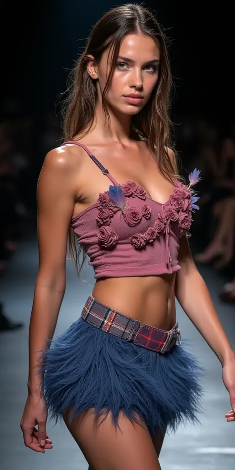 a beautiful wet young aged woman wearing a dull pinktoned roses flowers ruffles fringes feathers textured creative designer ripped cut wetsuit top and fluffy blue tartan wool mixed with latex very short tiny miniskirt. Pointy hipbones pushed outfront, shor...