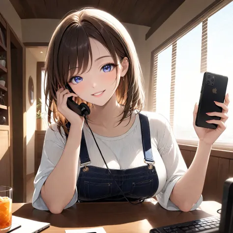  depicts a brightly smiling woman holding a smartphone in her right hand and holding it in her ear, As if you were on the phone. The woman has medium-length, straight brown hair.、 natural makeup .  she wears a white blouse . The background is bright、 natur...