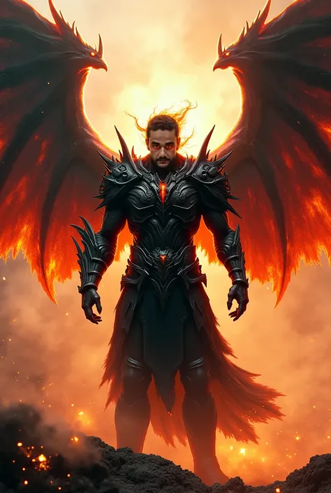 Create a warrior with burning black wings