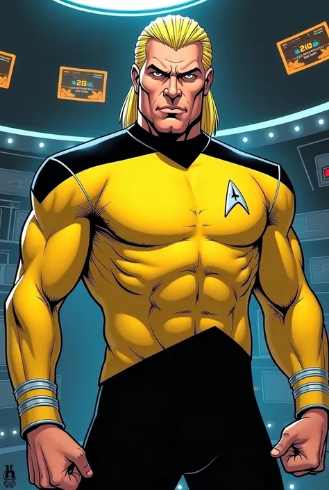 Hulk Hogan reimagined as Capatain Pike from Strange New Worlds, not so muscular, (COMPLETELY yellow top NO black shoulders), black collar, on USS Starship Enterprise, tearing off his top from his chest
