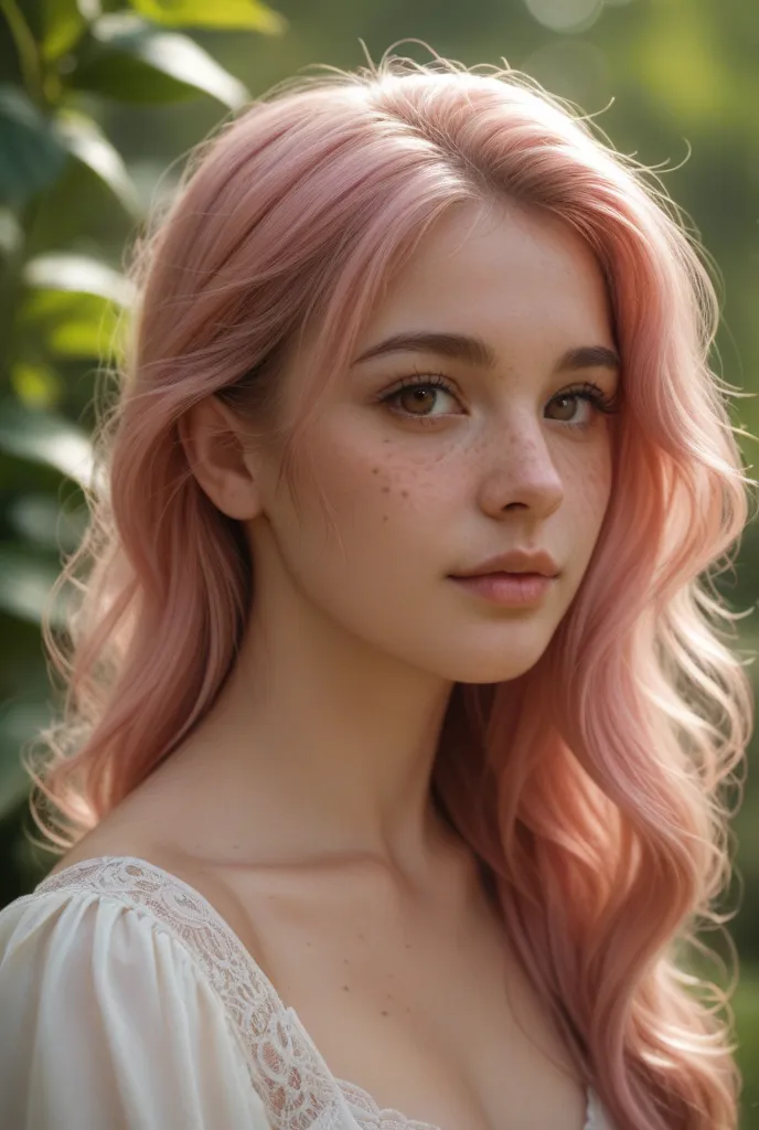 20-year-old woman with long pink hair, brown eyes freckles on her face 