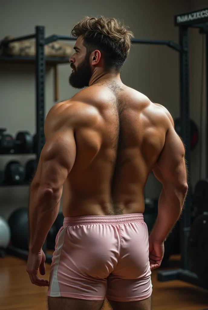 (hairy ass), (hairy chest), very detailed image, master piece, epic composition, perfect fingers, perfect hands, handsome, right anatomy, chubby, 4k, perfect feets, perfect legs, (very short messy hair), gym outfit from the 70s, with gym headband, in a gym...