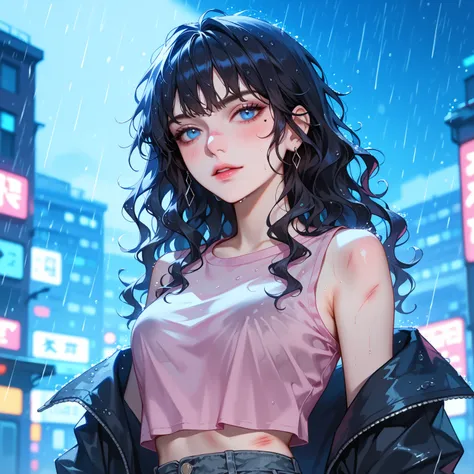 1woman, (modern rooftop background:1.5), long black wavy hair with messy unkept bangs, button nose, soft feminine features, bruised body,, heroin-chic aesthetic, wearing elbow warmers to conceal track marks, frayed jean shorts, dark pink crop top, embodyin...