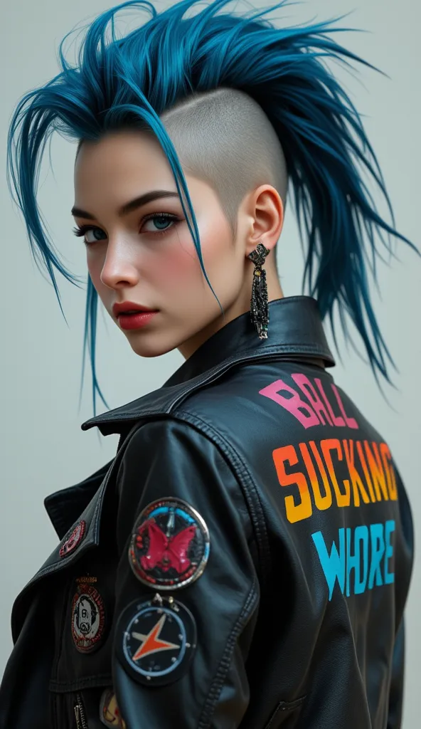 A girl with a blue and dark blue mohawk， wearing a black leather jacket ，painted on her back “ball-sucking whore”。Each word is a different color。 jacket, badges and patches。 