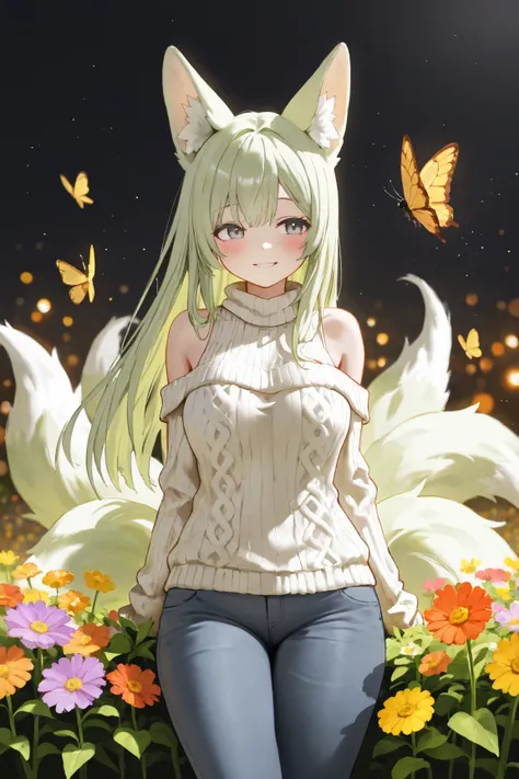  Great Painting ,  breakthrough,    highly detailed ,  highly detailed, 4K, 8k, 1 woman, Alone,  Fly away ,   Very sexy ,   fox ears ,  blush,   smiling ,  gray eyes ,   Light green hair   ,  Straight hair ,   long hair ,  nine-tail sweater   ,  shoulders ...