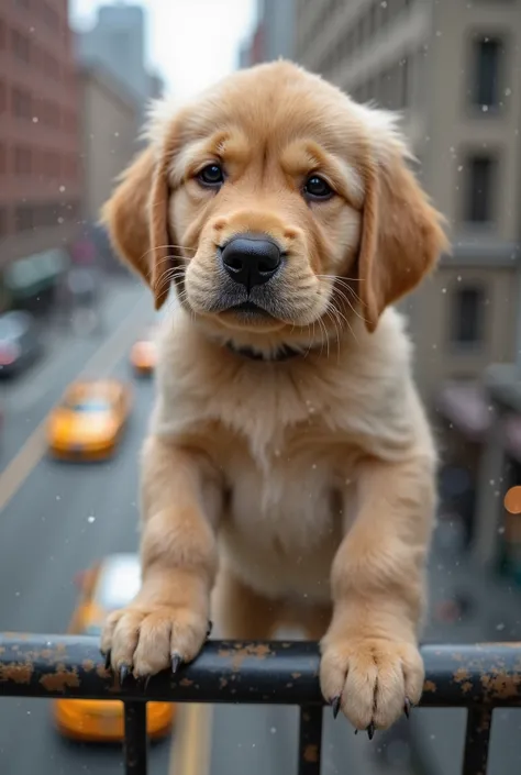 The Golden Retriever puppy holds onto the bar with slight tremors on his legs,  trying to maintain balance . His sad and worried look accompanies the movement of the street below, where cars and taxis pass smoothly. The wind gently shakes his fur and his e...