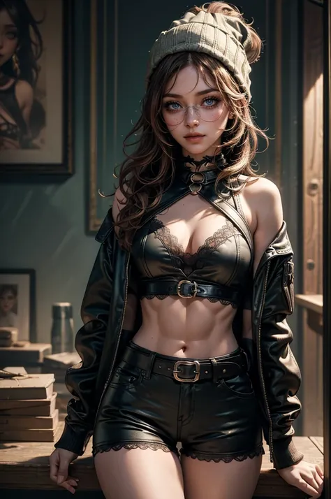 cowboy shot, lora_Emma, jinx, cute girl with short curly brown hair, green eyes, (skinny body), (slim figure), (narrow hips), (rock hard abs), (beanie), thick square black frame glasses, white silk top, ((pvc shorts)), open jacket, multiple belts, lace col...