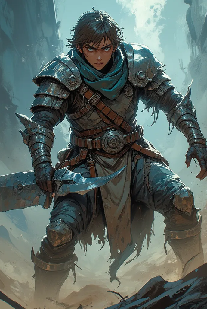 Young Paladin, adult man, scared and angry facial expression, short brown hair, young man,  blue eyes, poor quality leather armband, poor quality clothing, poor quality leather leggings, poor quality iron glove, holds a large damaged sword, guard character...