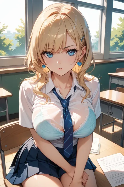 Blonde Mash Female High School Student Big Breasts Necktie Uniform Shirt Skirt Fresh Classroom Desk Chair School Miniskirt Sheer Bra 