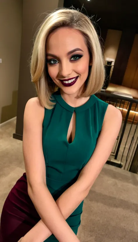 A selfie of a light-skinned woman with shoulder-length blonde hair, wearing a teal/emerald green sleeveless dress, smiling warmly and looking directly at the camera with dark brown, slightly smoky eye makeup and burgundy lipstick; the image has a natural, ...