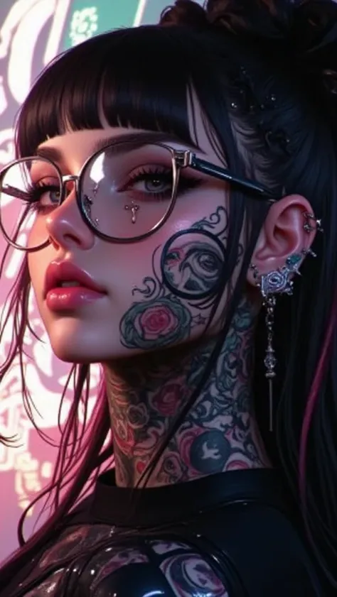 ((centered image,  a close-up of a woman with tattoos on her neck and face , Beautiful face of a cyberpunk girl, great digital art with details,  she wears glasses you can see the reflection in the glasses of the glasses :1.5)), digital art.  highly detail...