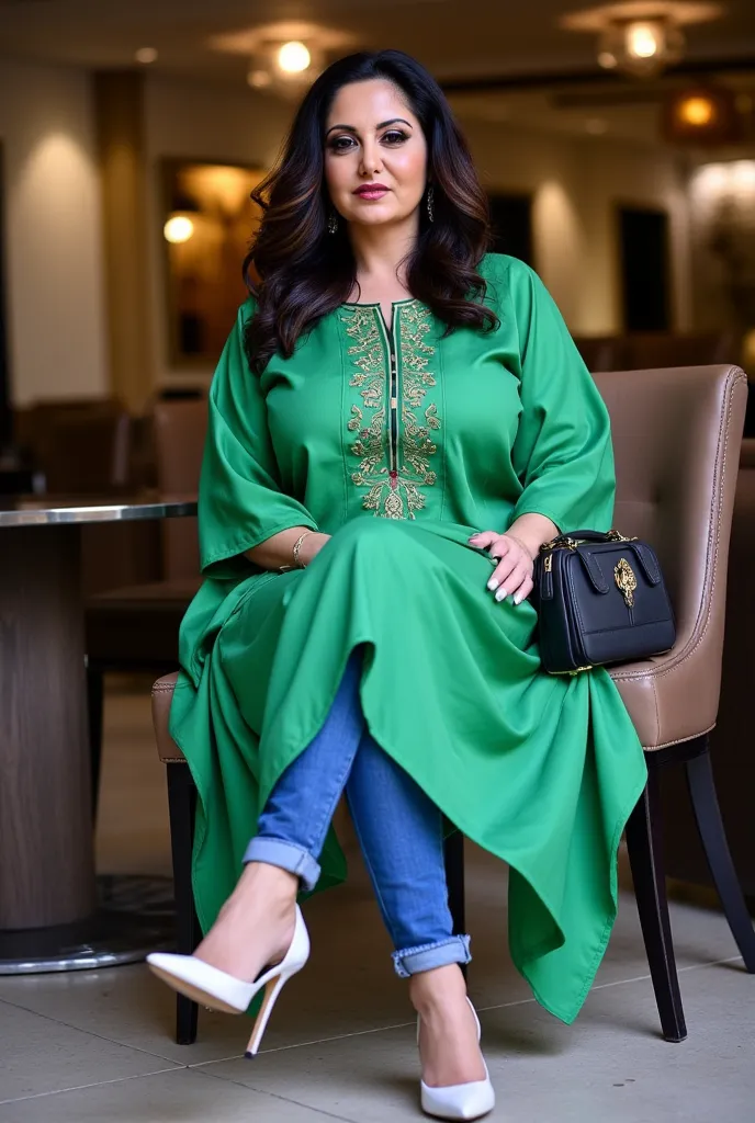 


 ((32K, top-quality:1.5, masterpiece, A high resolution, Photorealsitic)), A beautiful young Pakistan's chubby,40 years old , light lips woman wearing  green colour embroidery kurti and blue colour knee length glued denim. White pointed toes,  thin stil...