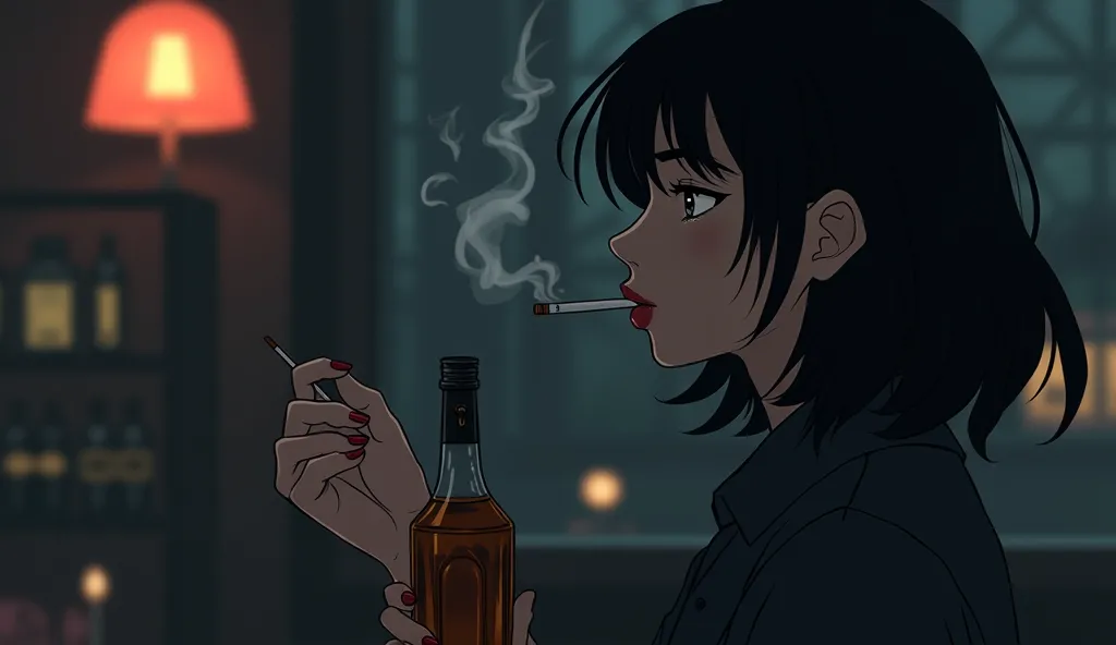 A stylized side profile of a woman with dark hair smoking a cigarette with a whisky bottle, against a noir lounge background. Minimalist anime-inspired art style with dark, moody atmosphere. Lofi aesthetic with muted colors and subtle smoke wisps curling u...