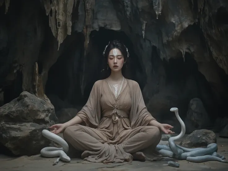 A woman with a white snake print on her forehead sits on a stone in a cave and is watched by a white snake and a blue snake