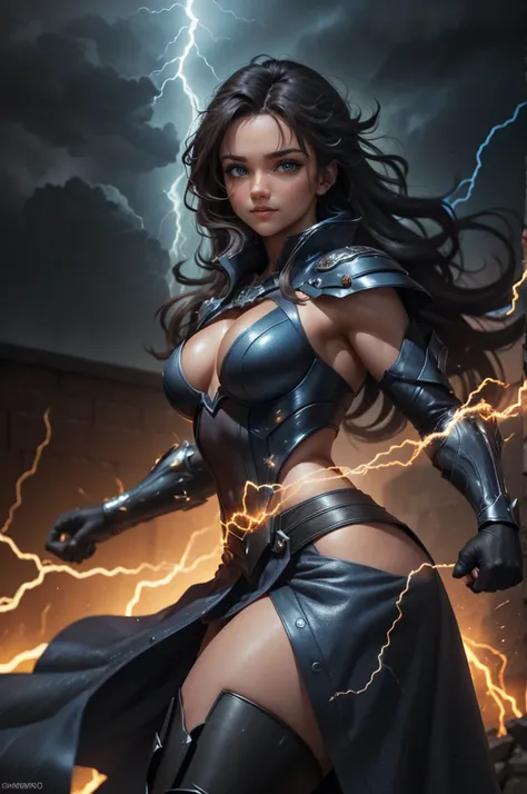 (best quality,4k,8k,highres,masterpiece:1.2),ultra-detailed,(realistic,photorealistic,photo-realistic:1.37),woman with thunder power,shirt and gauntlets,beautiful detailed eyes,beautiful detailed lips,lightning energy flowing from her body,glowing gauntlet...