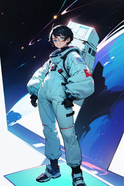 1,19 years old,university student,male,Black Hair,Light blue eyes,Short Hair,Spacesuit,（Cool pose）,Standing posture,Glasses,（whole body）,White background,smile,The shoes are blue