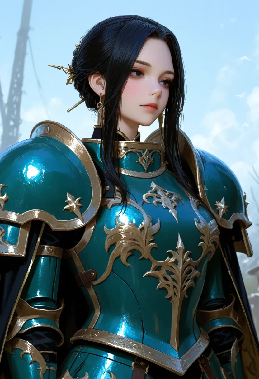 Beautiful tall woman in (Bio luminescent:1.3) armor with super realistic and well-detailed black hair