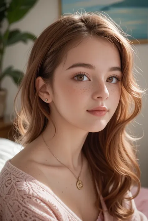 20-year-old woman with long hair with bangs and rose, brown eyes freckles on the face in a bedroom with pink details in the decor 