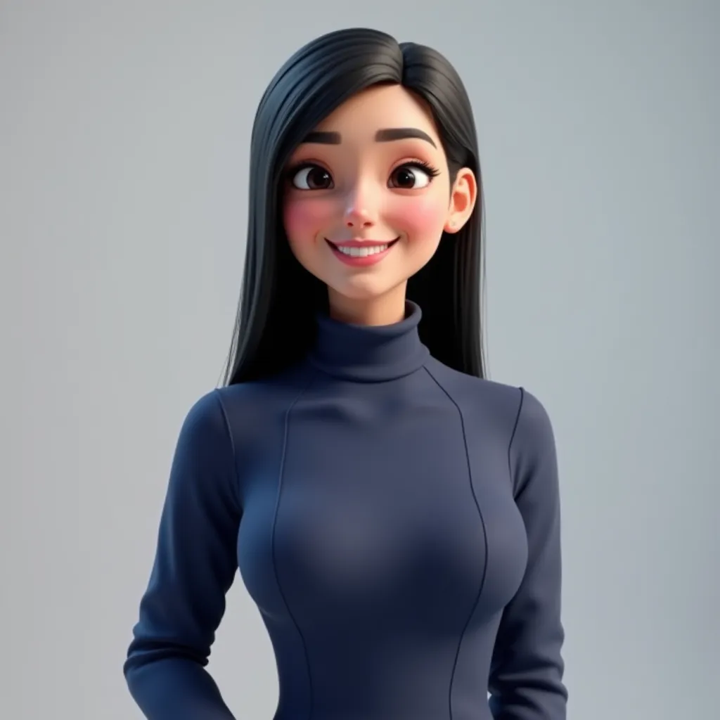  Create an image:
Name: Micha
Appearance: feminine face of a 35-year-old woman, dark, straight hair down to the neck,  with dark eyes, showing from the waist up
Style: 3D animation.
 Clothes and accessories : clinic wearing a navy blue turtleneck apron wit...