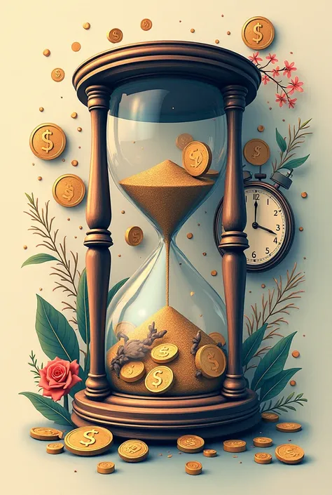 Make a poster that has the text "No amount of money can buy a second of time". I want this text to be eye-catching and easy to read with some time- elements and money elements on the background.