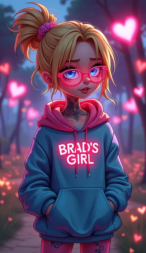 Cartoon girl with blonde hair and freckles, posing in a cartoon world, in a park, wearing hoodie that says "Brad's Girl", bright colors, vibrant, glowing neon glasses, tattoos, neck tattoo, messy bun, surrounded by floating glowing neon hearts, hands in po...