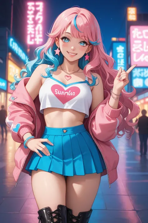 Create an anime model in digital version,  extremely attractive and sensual , with a flirty and kawaii style. It must have delicate but striking features: bright eyes with pastel reflections (Pink and blue), soft and slightly flushed lips, long and wavy ha...