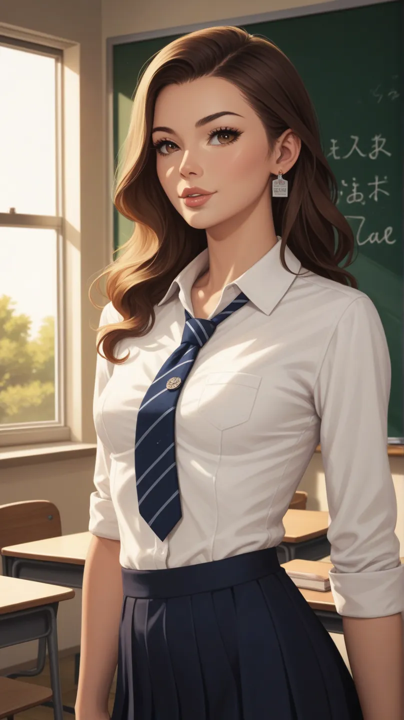 American sexy teacher. 36 years old. slender body. small breasts. natural color lips. false eyelashes. ash brown long hair. casual suit. in the Japanese class room.