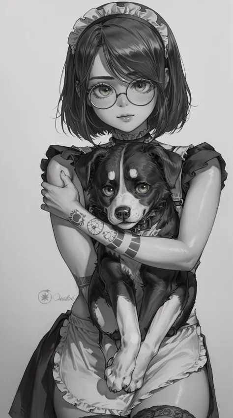 Drawing style with simple freehand pencil shading. (((Black and white))) . Young woman with brown hair and blond hair, bob haircut straight hair , 20 years,  skinny,  not tall ,  green eyes, .  wide hips . Round glasses. Naked. Sexy lace stockings.  Tattoo...