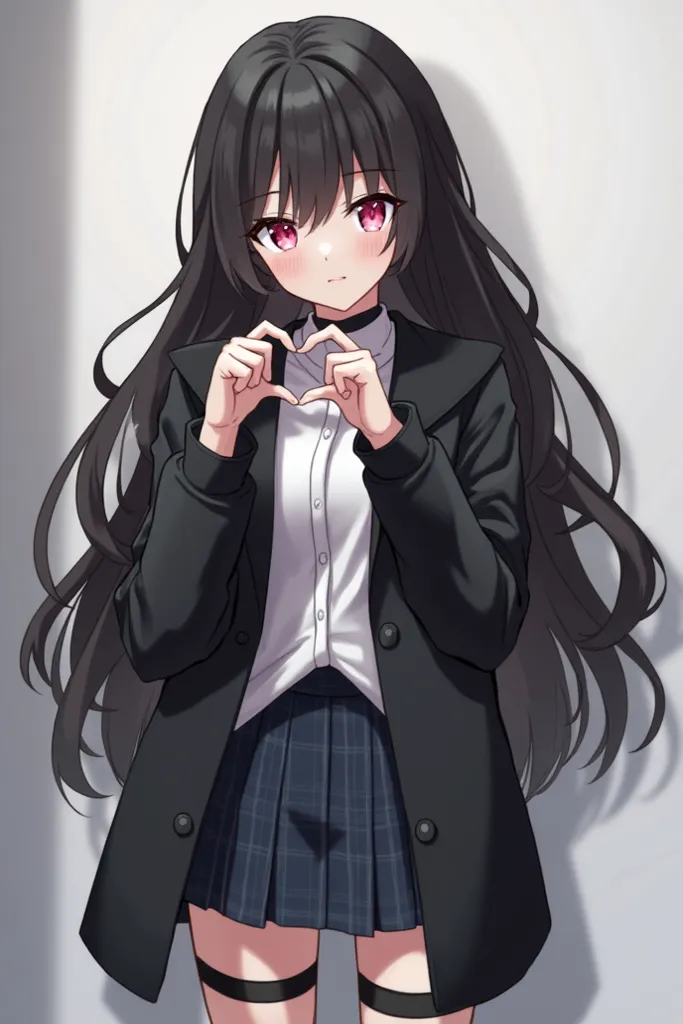  forehead visible ， masterpiece, TOP QUALITY, great quality, very aesthetic, high definition,  latest, hyper-detailed, 1 girl, \( weathering wave\), black hair,  long hair ，Frizzy hair ，The forehead is visible，Long Hair Perm，all back， BLACK COAT, thigh str...