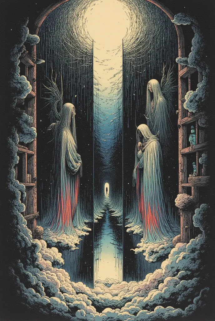 Painting of a dark place by Beksinski, stroked traces, espontaneous painting, Going out from darkness featuring a "huge mirror" and inside inside an Artwork by John Berkey painting, impressionist painting, huge room, intricated multiple rooms, walls are cl...