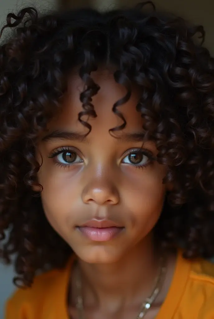 Une petite fille métisse de 8ans avec des cheveux crépu long des yeux hazel avec un vieux t-shirt marron un peut déchire 
