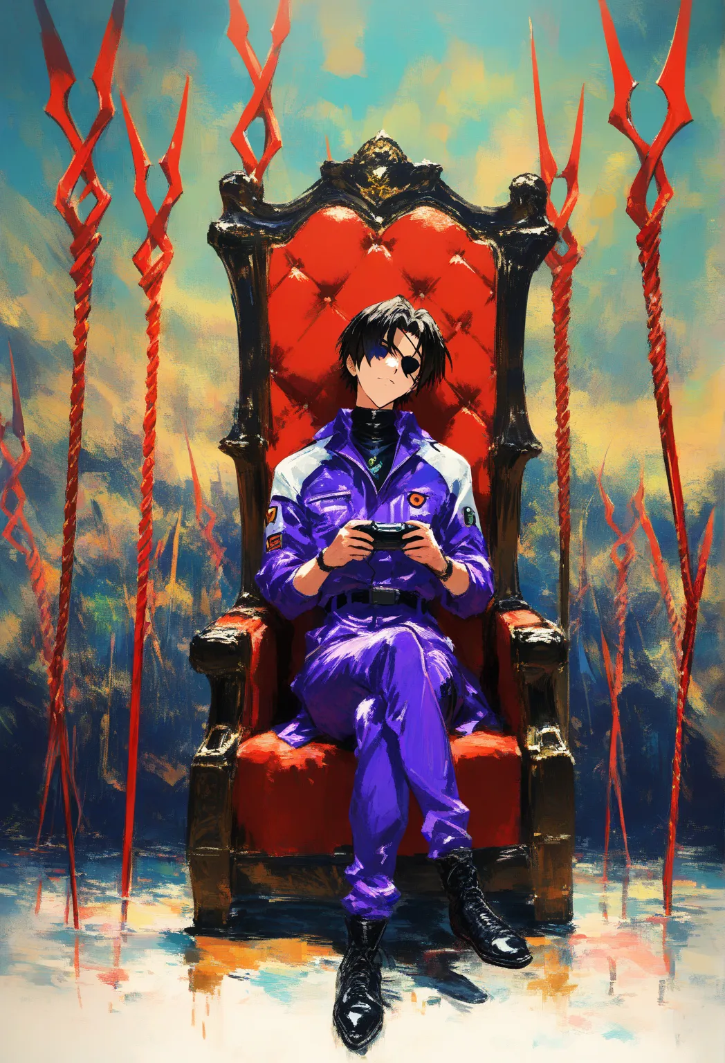 1 male,  neon genesis evangelion template, sensitive,  alone, eye patch, purple jumpsuit,  sitting on the throne, head tilt, Holding video game controller, Lance de Longinus \(evangelion\), tiro de cowboy, depth of field, fake traditional media, Picturesqu...