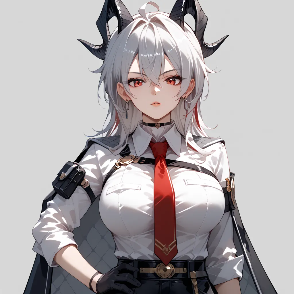 Zani,silver hair in costume standing and posing with hand on hip, 1girl, solo, gloves, horns, red eyes, black gloves, necktie, Simple background, shirt,large breasts, looking at viewer, simple background, earrings, jewelry, white shirt, red necktie,suit, p...