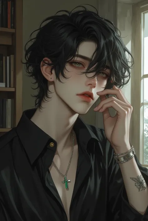 4k , 8k , manhwa , novel , Korea painting style , eyes details , sharp line , soft light , ((only 1 male black hair and green eyes)) , short hair with no hairbang , medium shot , wearing very loose black shirt , long eyelash , room environments