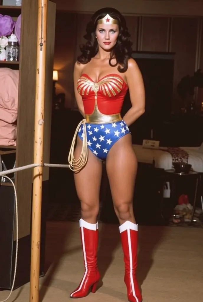 (( Top Quality))、(( Sexy Wonder Woman Linda Carter ))       , (( Wonder Woman 、 wearing a red and blue Wonder Woman costume and red leather boots、