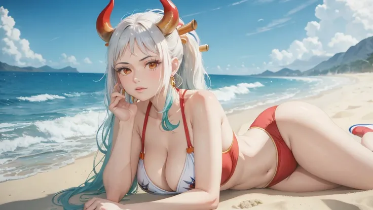 masterpiece, Best quality socks,  1 woman,  A high resolution ,   beautiful ,  yamatowanpi，big boobs， cleavage， Look at the camera，[bust photo，Sexy Lifted， Be red on the face, Yamato outfit ，seabed,  lying on the sand,  sea of background, beach,  sunny wea...