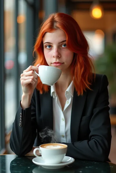 A woman with red hair and blue eyes, in a modern restaurant lights and drinking coffee , natural and professional photo 