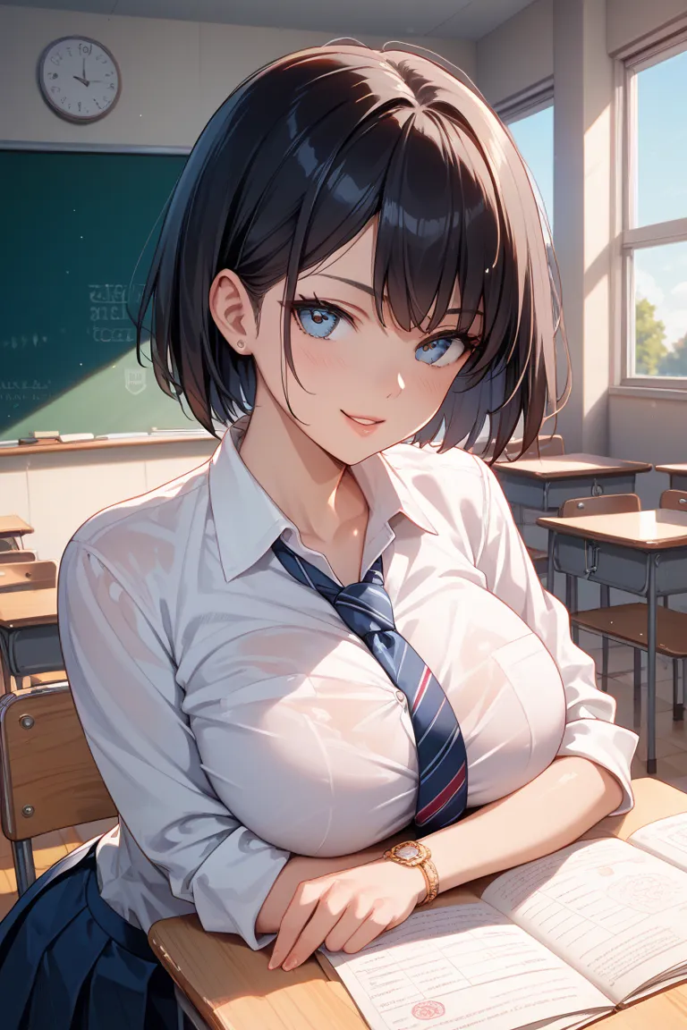 Black Hair Mash Short Haired High School Girl Big Breasts Butt Necktie Uniform Shirt Pants Pants Refreshing Classroom Desk Chair School Miniskirt Black Eyes Cool Cool Prince