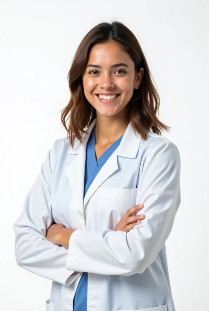 a 20-year-old American pharmacist with her arms crossed on an 8k white background