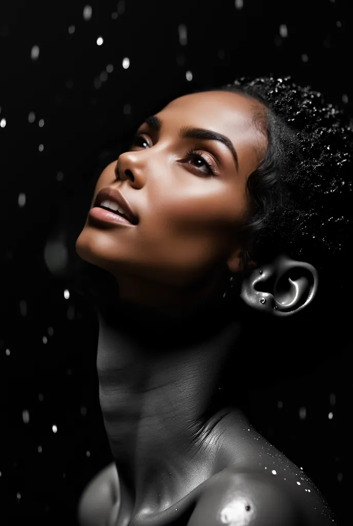 An image of a stunning beautiful black woman in monochrome with her head tilted back, her face and natural hair drenched with water droplets. Her eyes are closed, and there's a peaceful expression on her face. The natural hair is slicked back due to the we...