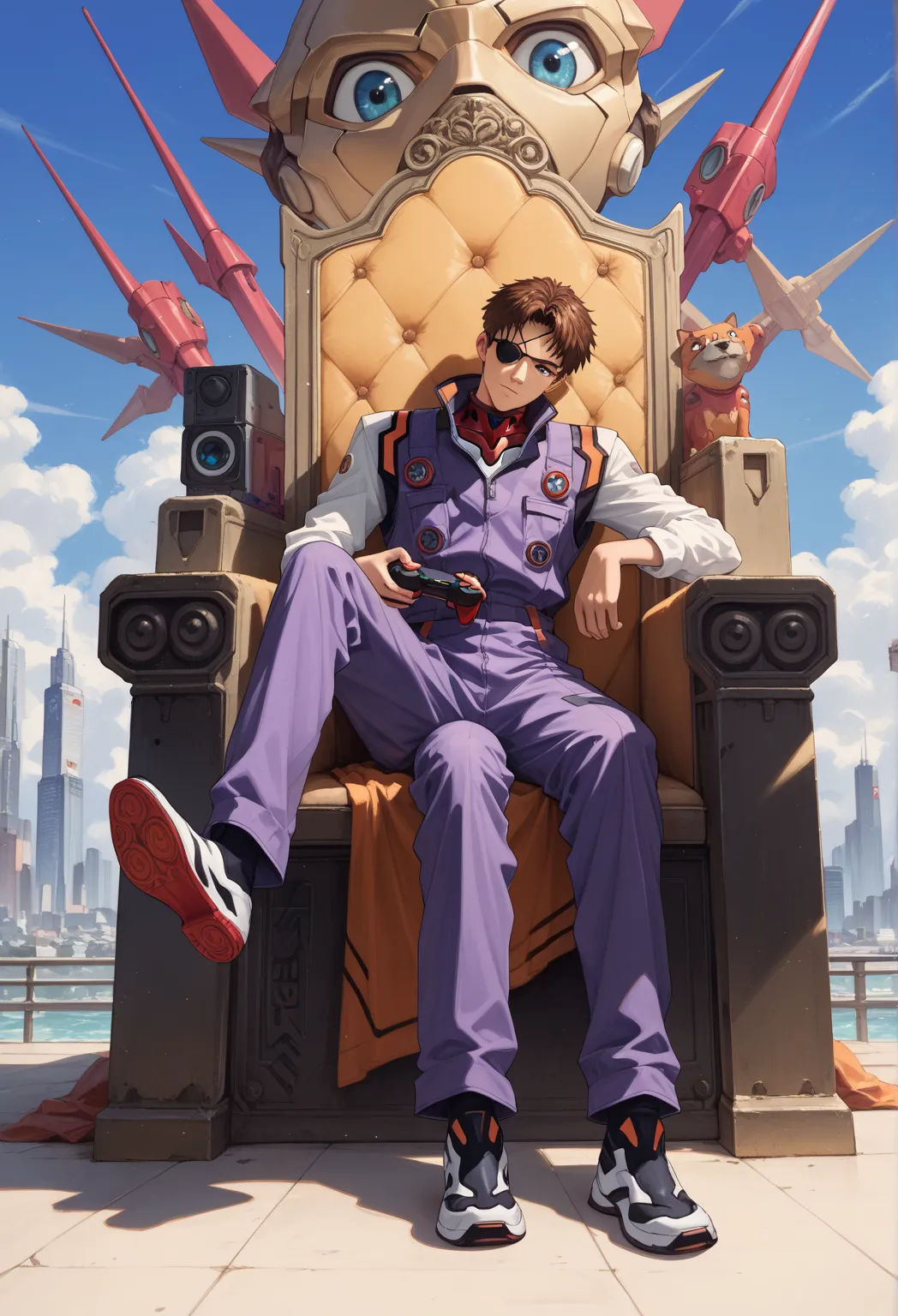 1 male,  neon genesis evangelion template, sensitive,  alone, eye patch, purple jumpsuit,  sitting on the throne, head tilt, Holding video game controller, Lance de Longinus \(evangelion\), tiro de cowboy, depth of field, fake traditional media, Picturesqu...