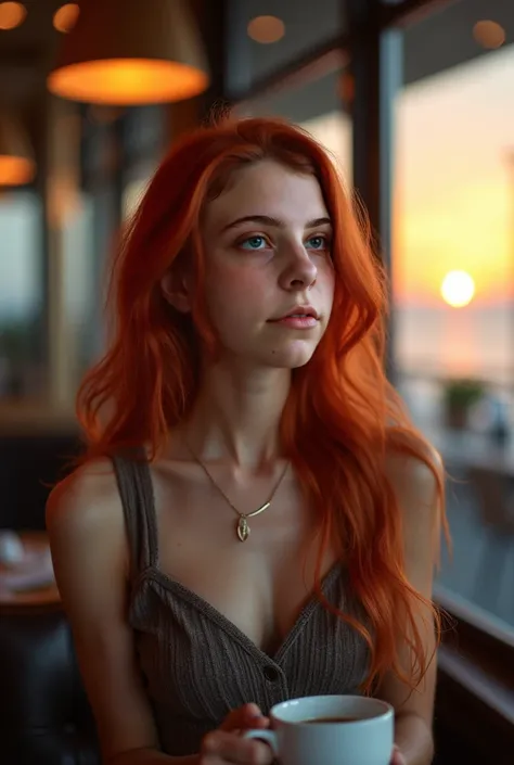 A woman with red hair longeand blue eyes, in a modern restaurant lights and drinking coffee , natural and professional photo ela está a observar a janela com lindo por do sol