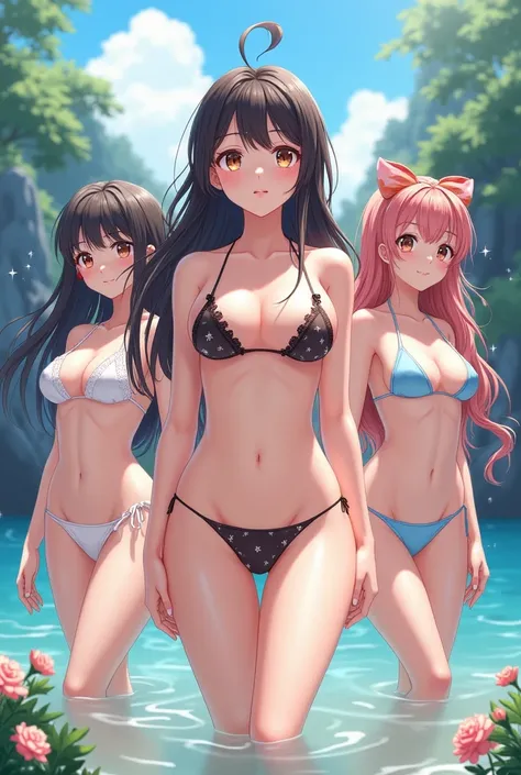 Create a pack of (5 items) beautiful anime girls in outdoor swimsuits