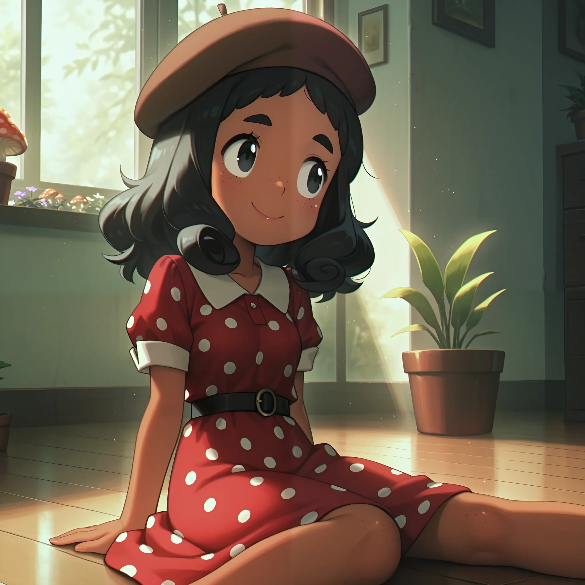 masterpiece, best quality, amazing quality, Anime Screencap. BREAK. 1girl, solo, dress, polka dot dress, dark-skinned female, dark skin, indoors, red dress, blurry, sitting, wooden floor, short sleeves, smile, blurry background, black hair, curly hair, dep...