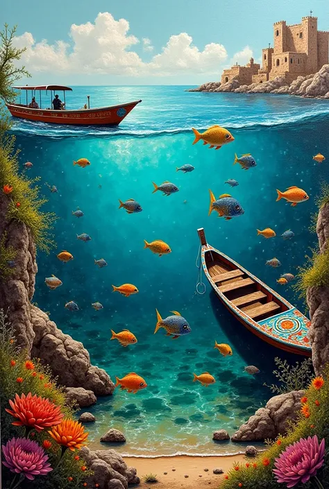 I want a painting with sea, fish and boats in the style of the artist Ali Al-Zanaydi 