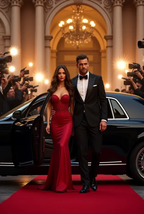 A Hot and sexy guy with a beautiful female at a red carpet event, coming out of a fancy car and paparazzi taking pictures of them.