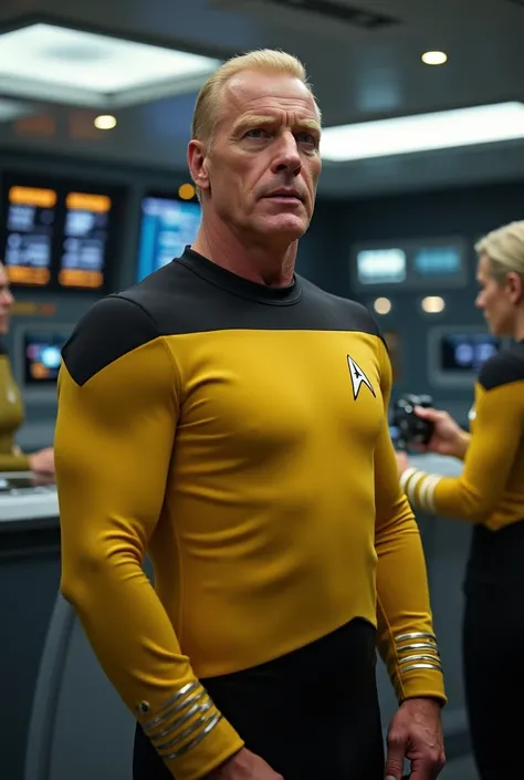 Hulk Hogan reimagined as Capatain Pike from Strange New Worlds, not so muscular, (COMPLETELY yellow top), black collar, on USS Starship Enterprise, giving orders
