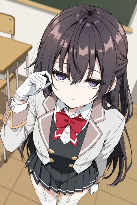 reia_kosu,1 female,solo,pretty,
yuki_suou,1 female,solo,
front,from bottom,contempt,

black hair,long hair,half updo,
hair between eyes,

purple eyes,big eyes,slant eyes,
sleepy eyes,long eyelashes,

midium breast,looking at viewer,

school uniform,grey ja...